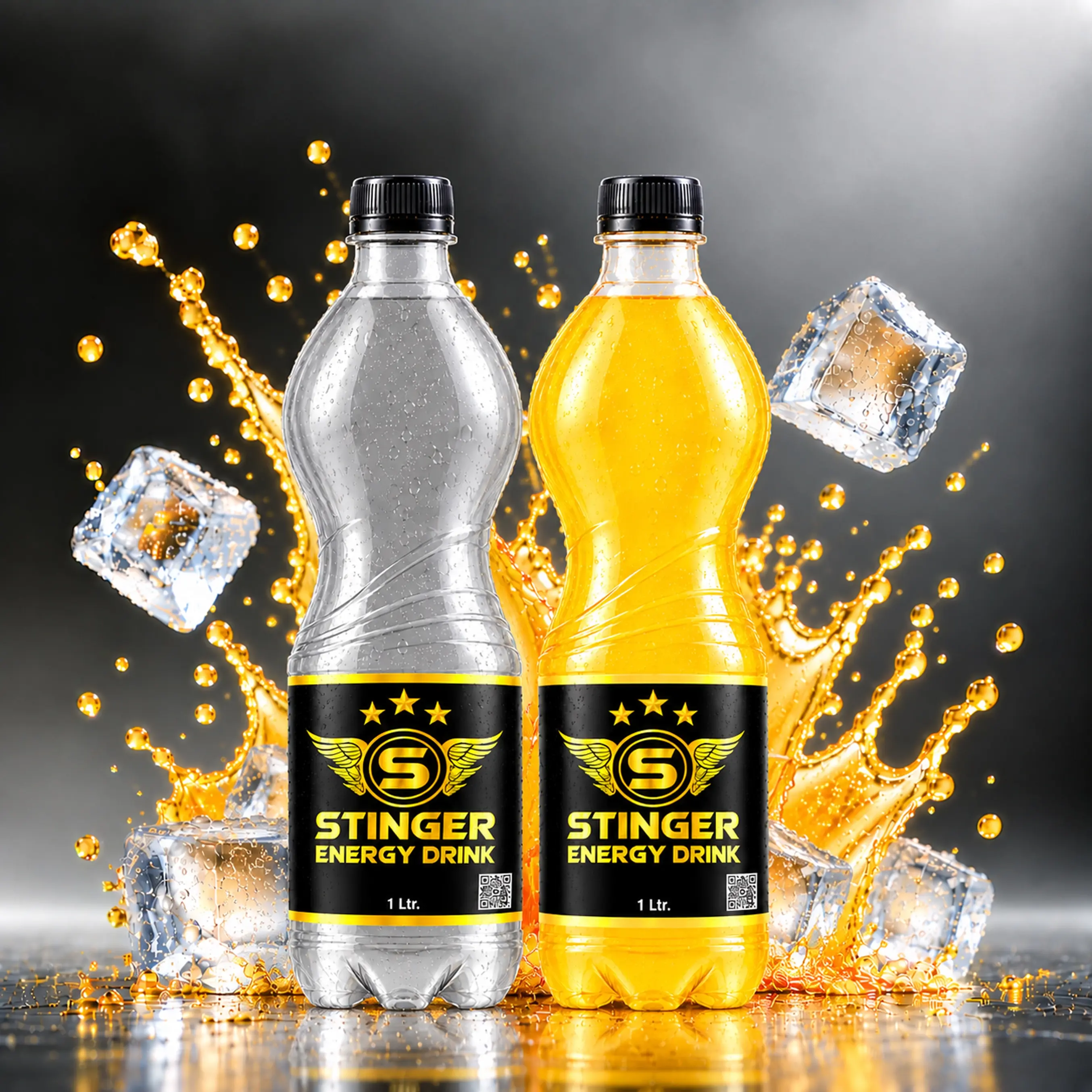 STINGER Energy Drink 1 L PET bottles in clear and golden variants with golden splash and ice cubes.